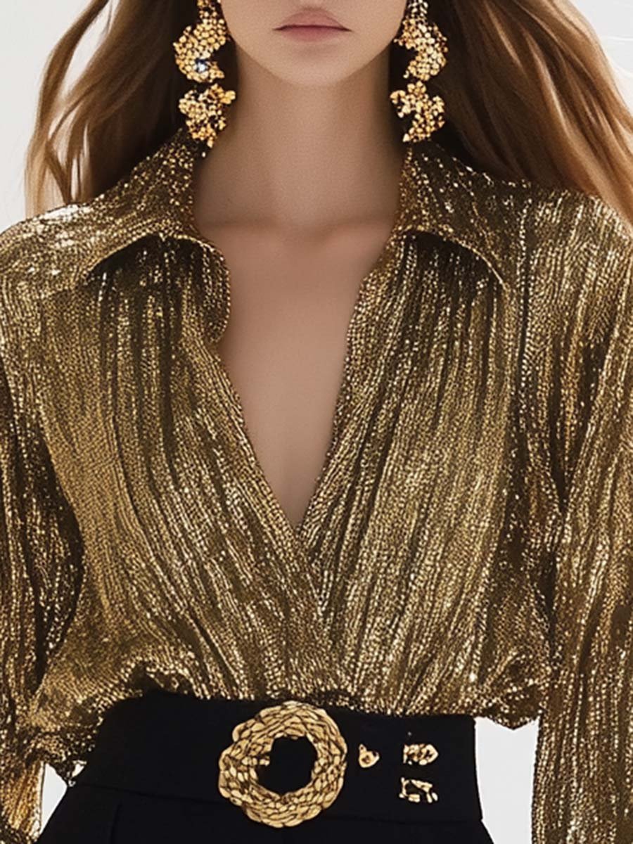 High-end Fashion V-neck Lantern Sleeves Gold Shiny Texture Shirt