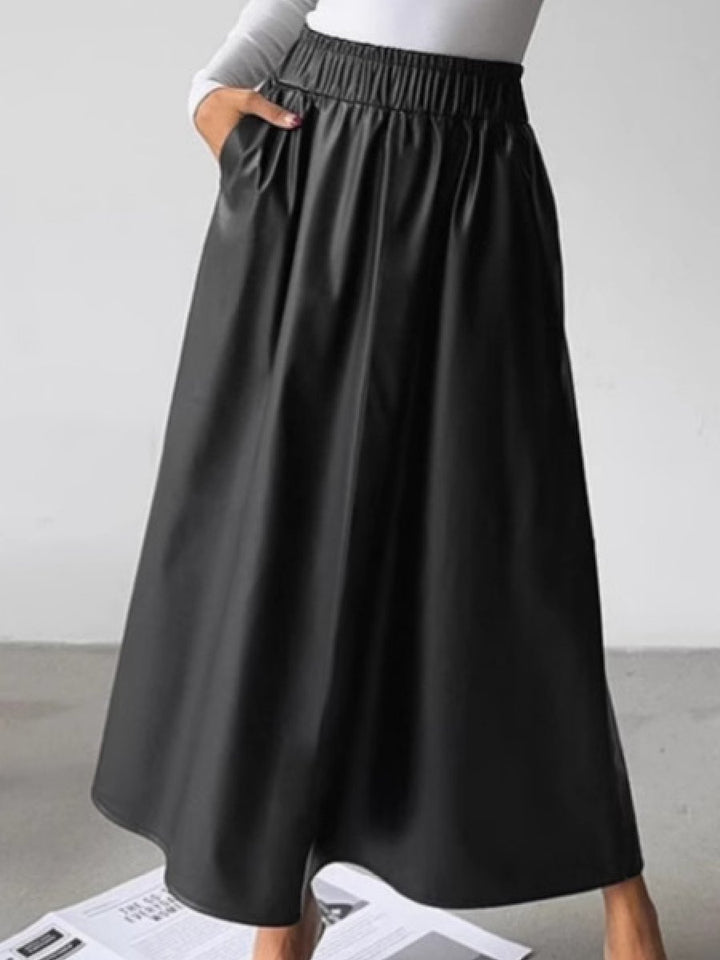 Elegant Commuter Elastic Waist Faux Leather A-Line Skirt