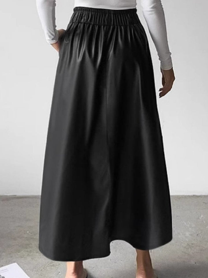 Elegant Commuter Elastic Waist Faux Leather A-Line Skirt